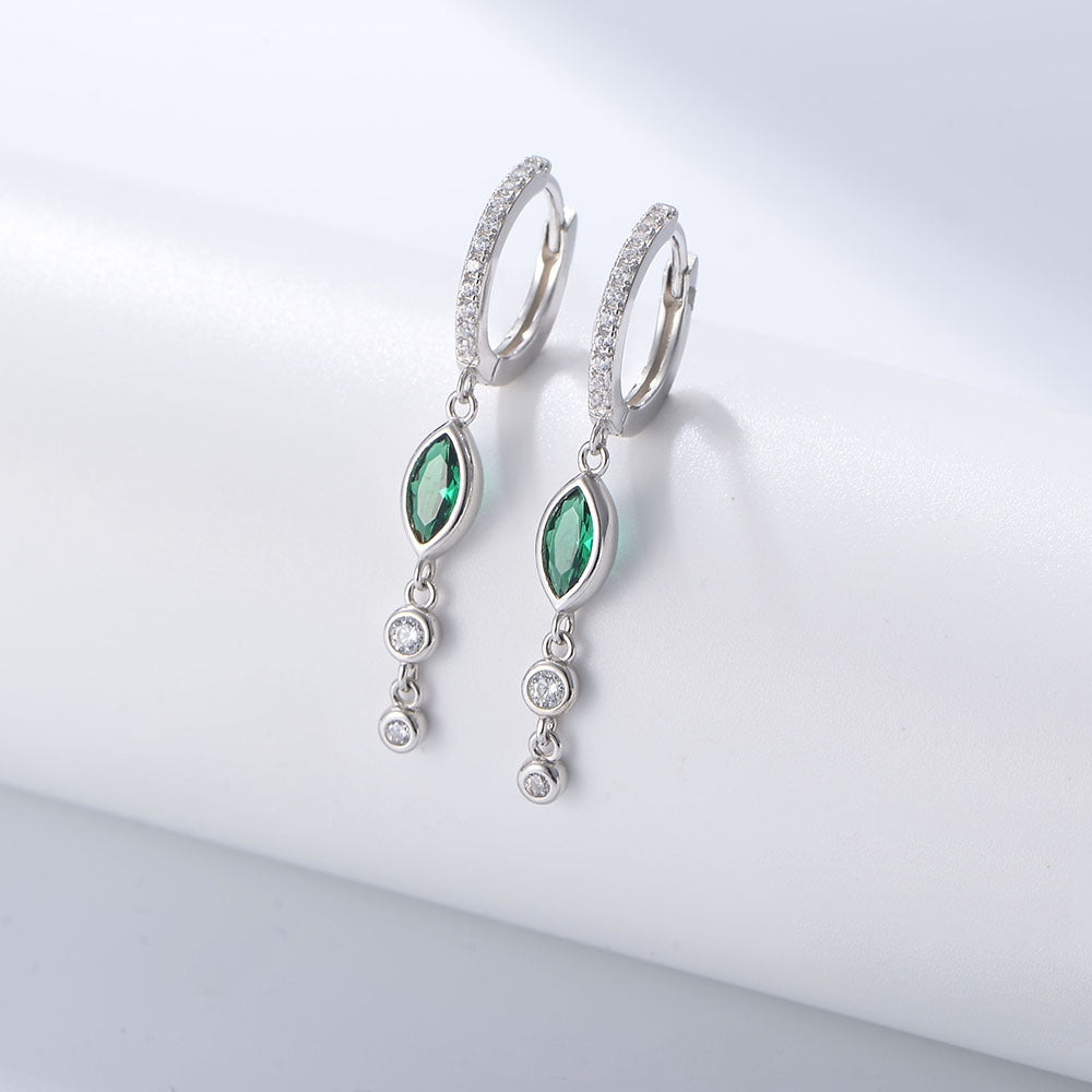 Sterling Silver Dangling  Marquise Zirconia Charm Huggie Earrings