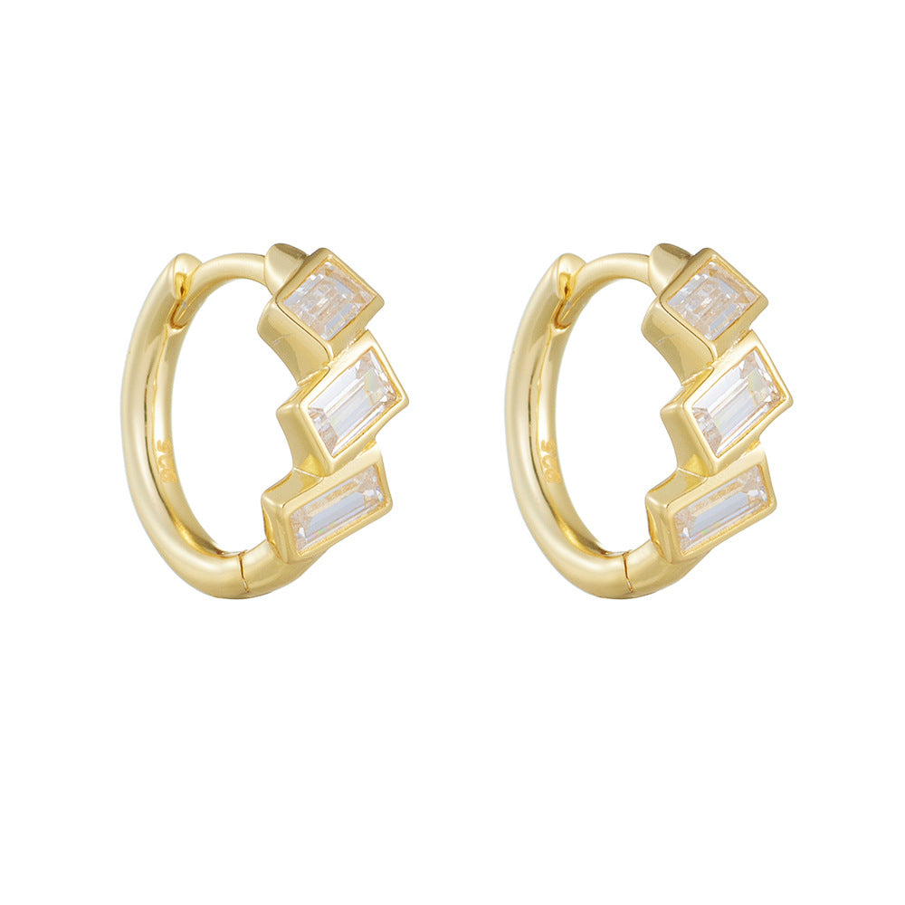 Sterling Silver Emerald-Cut White Gemstone Huggie Earrings