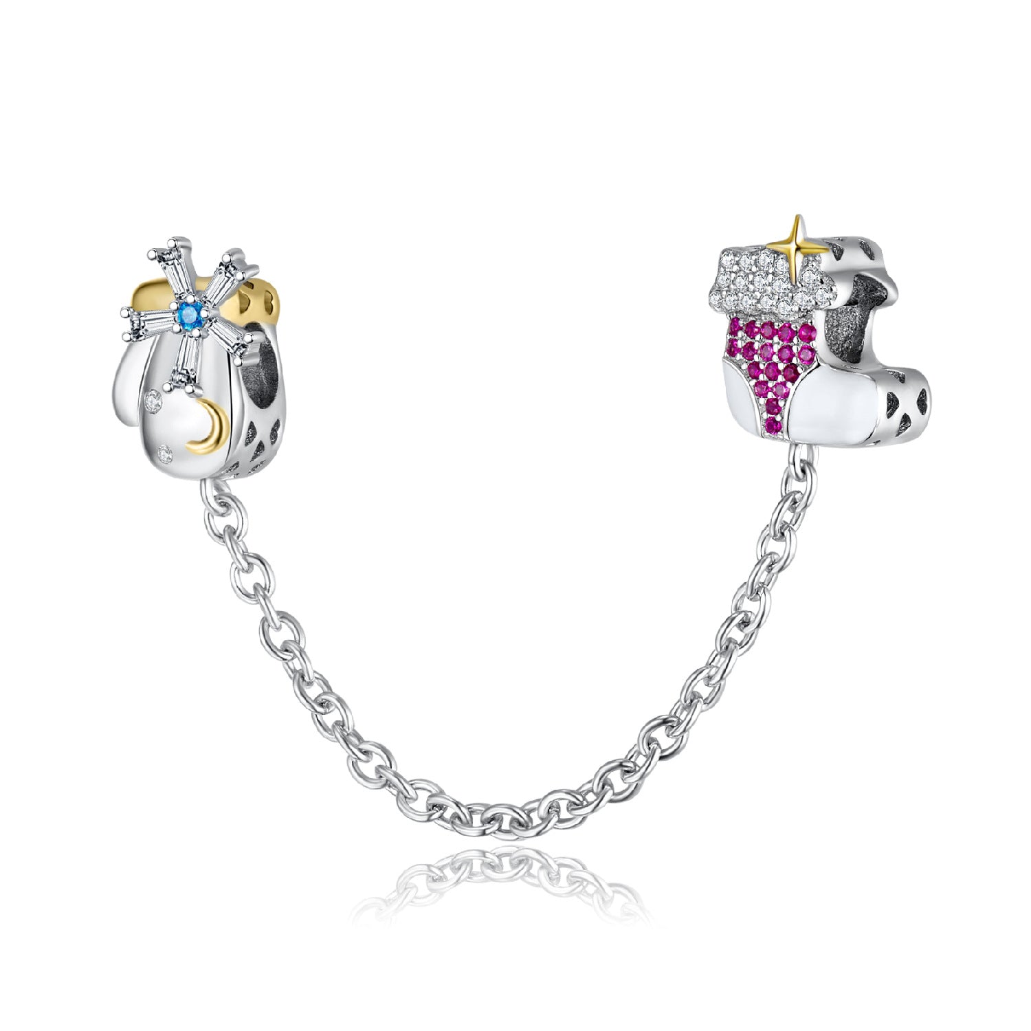 A sterling silver white and pink zirconias paved sock with snow glove safety chain