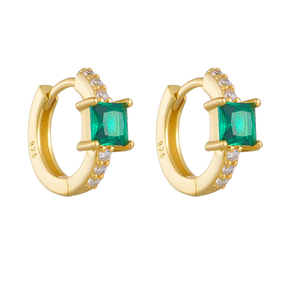 Sterling Silver Square Green Gemstone Huggie Earrings