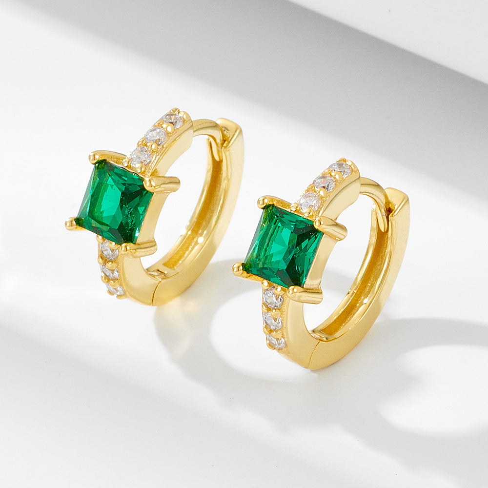 Sterling Silver Square Green Gemstone Huggie Earrings