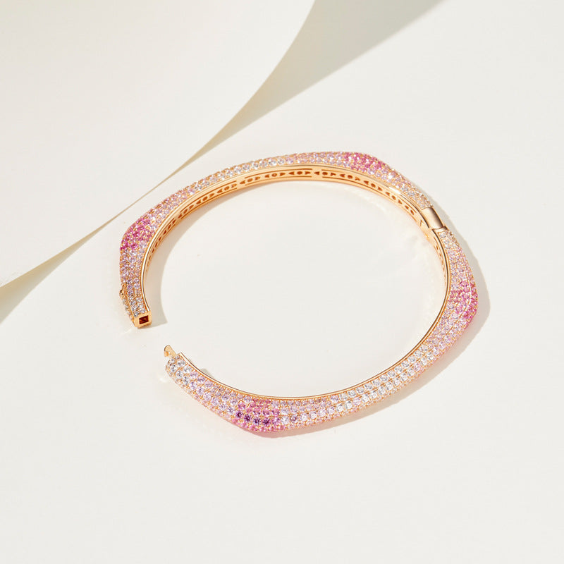 Sterling Silver Iced Out Gradient Pink Gemstone Bangle Bracelet
