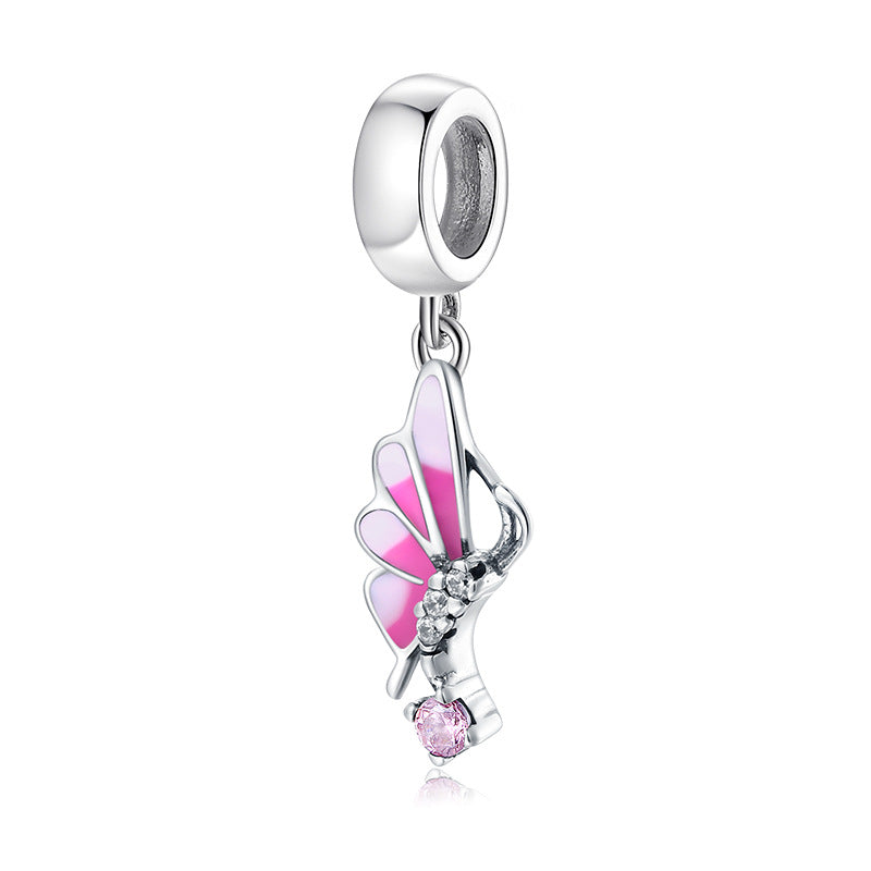A sterling silver light pink enamel butterfly hanging charm