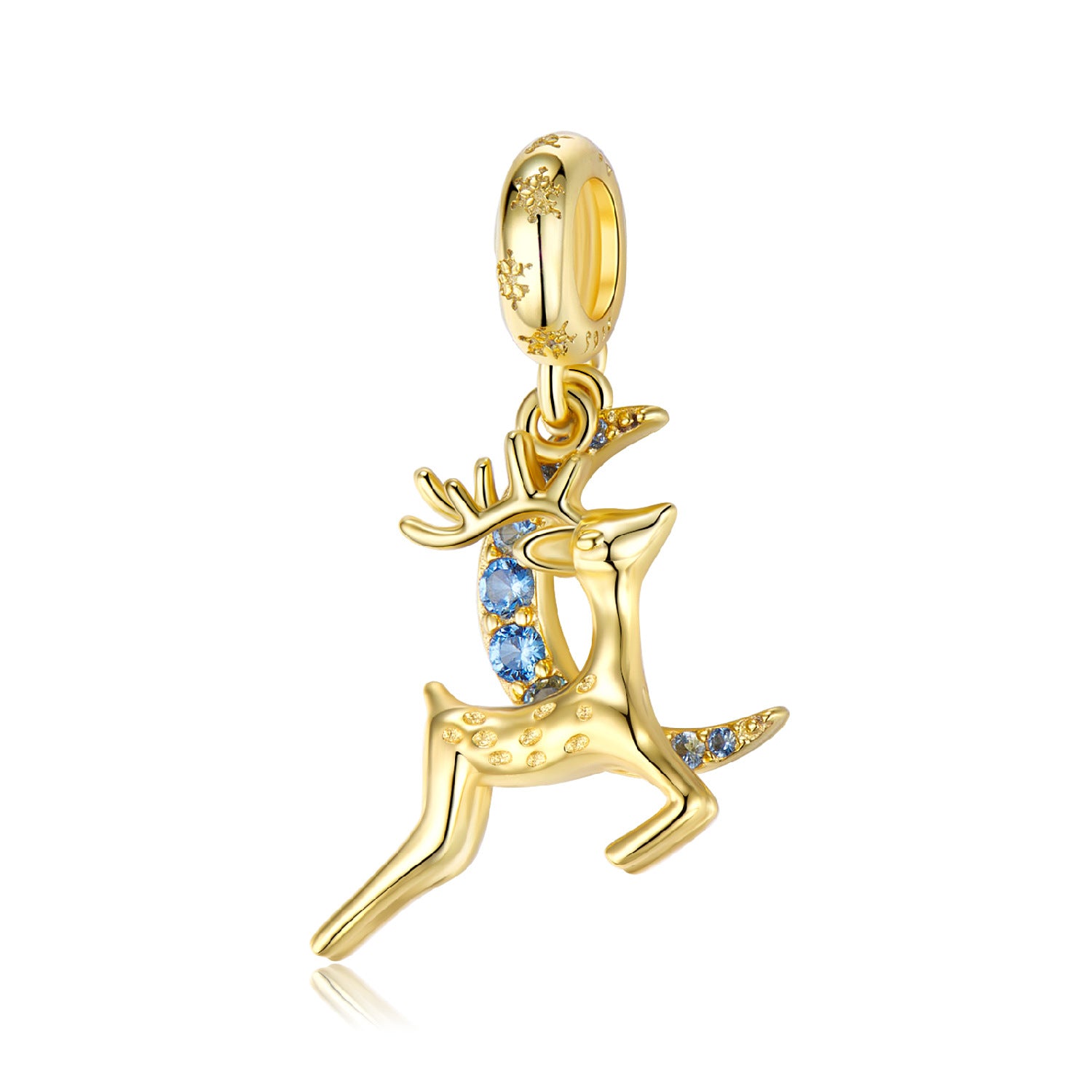 A gold plating sterling silver charm, design in moose and moon with blue zirconias.