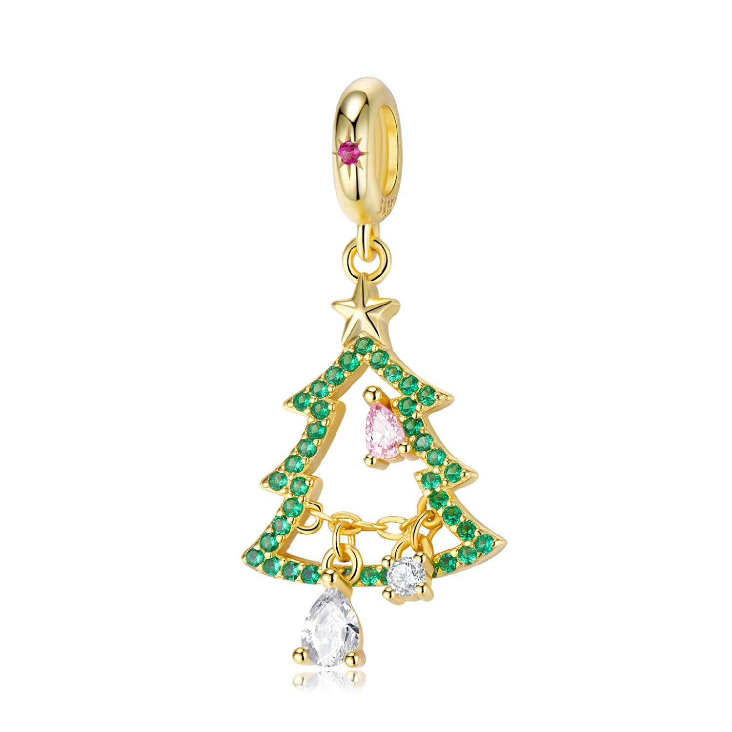 A gold plating sterling silver charm, design in Christmas tree, with green pave zirconias and two hanging zirconias.