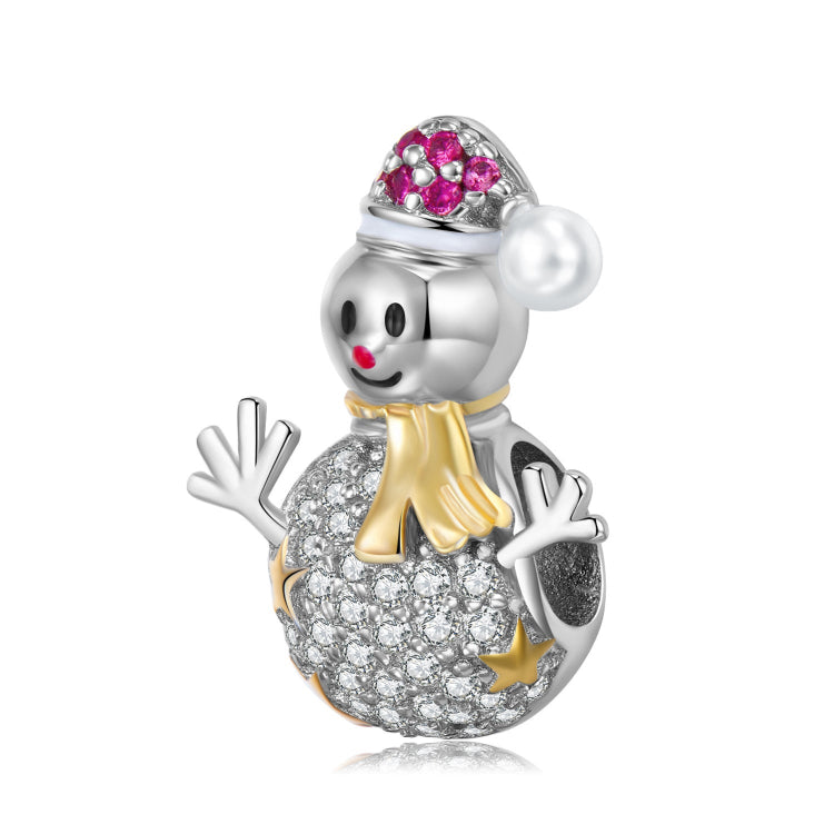 A sterling silver pink and white zirconias paved snowman charm