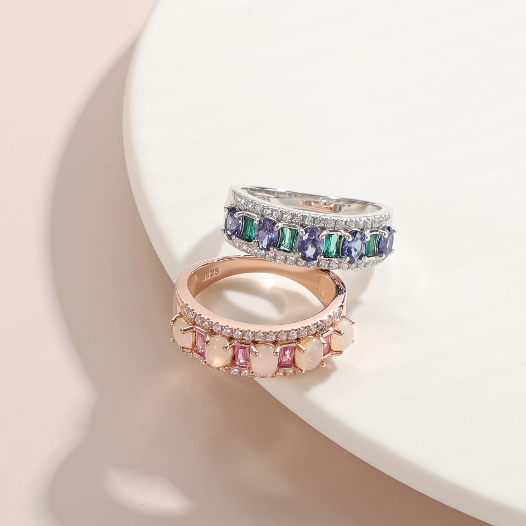 Sterling silver colored gemstone rings, 
silver plated synthetic sapphire ring and rose gold plated natural opal ring.