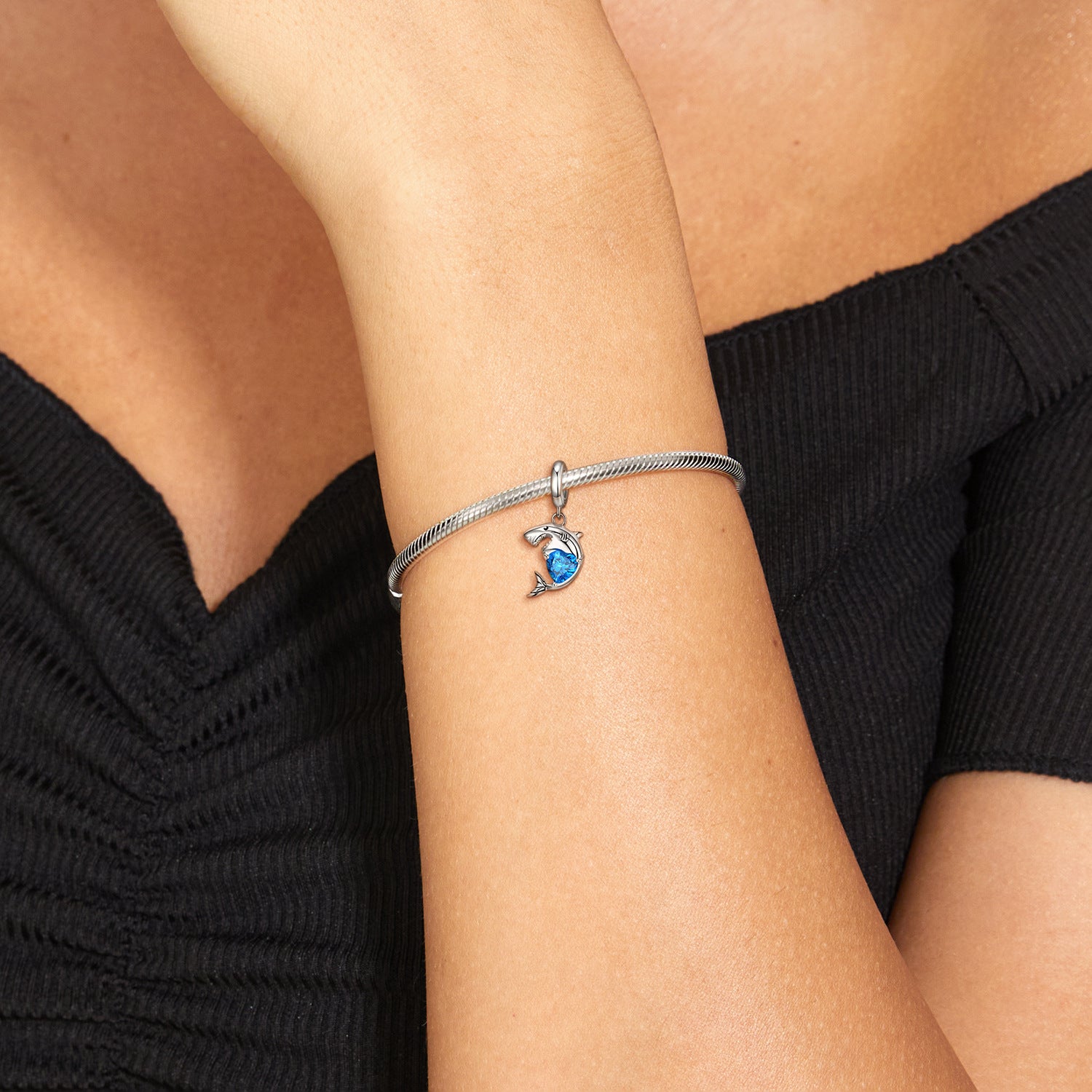 Sterling Silver Blue Heart Zirconia Shark Charm