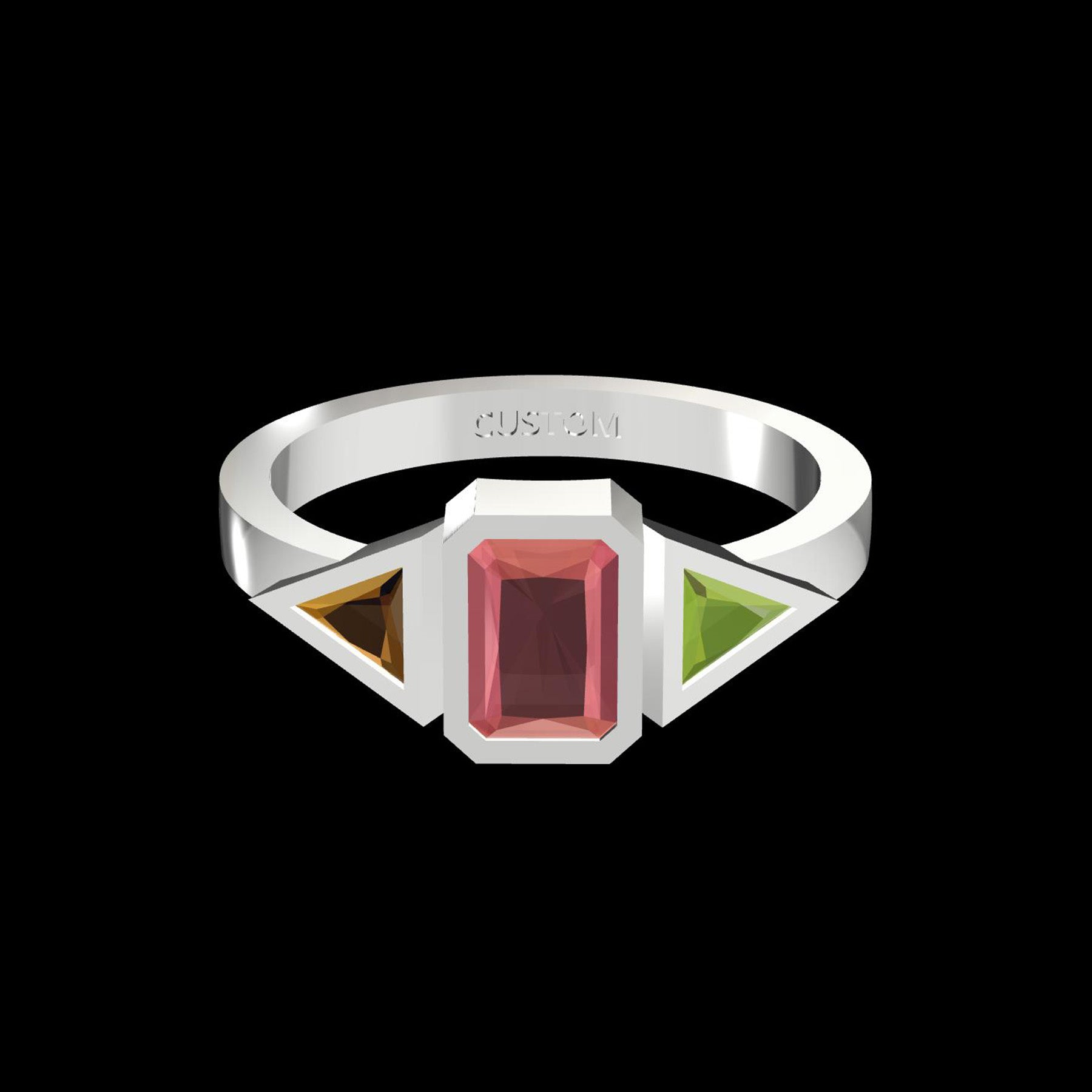 Custom Colored Zirconia Trinity Ring Sterling Silver 925 Radiant Triangle Cut