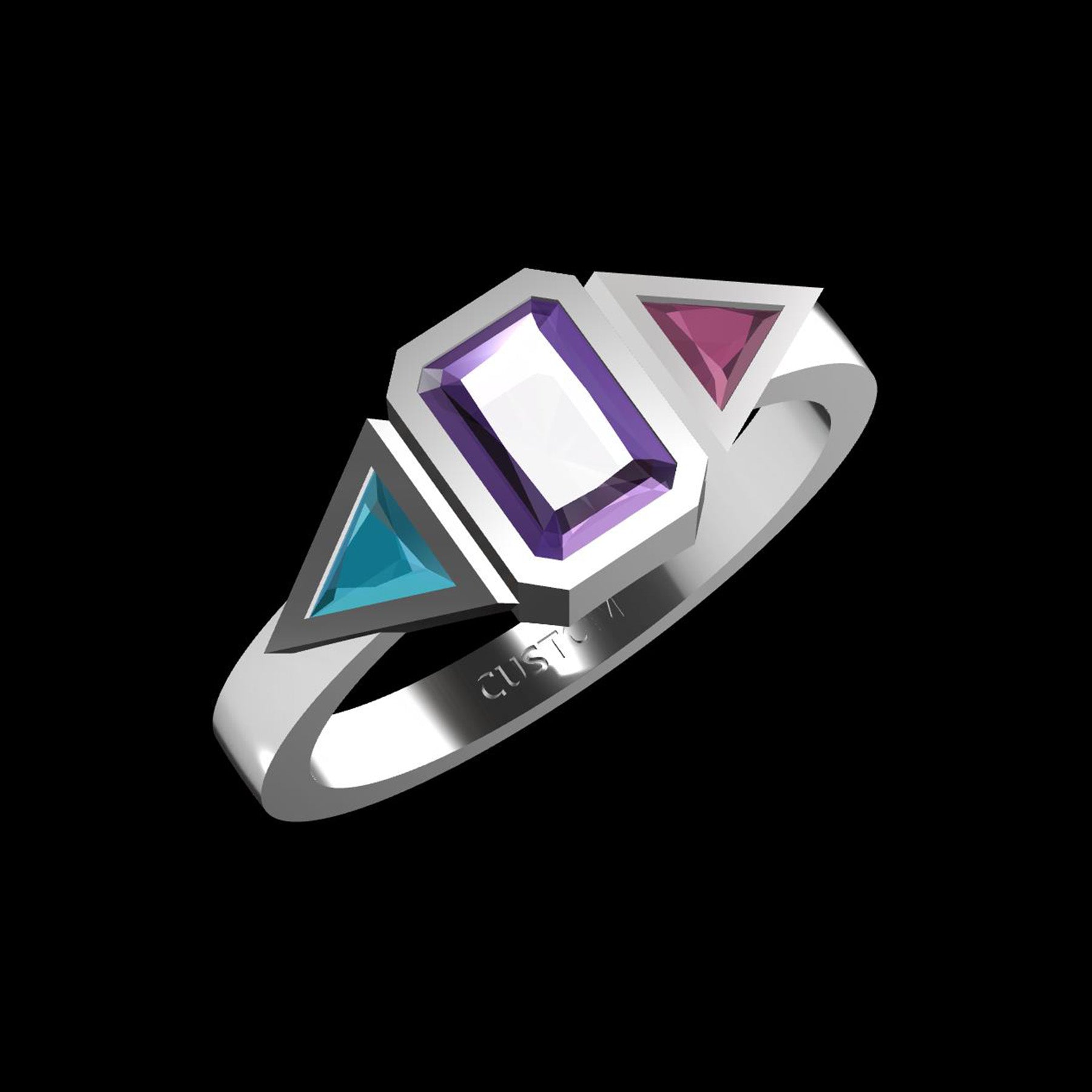 Custom Colored Zirconia Trinity Ring Sterling Silver 925 Radiant Triangle Cut