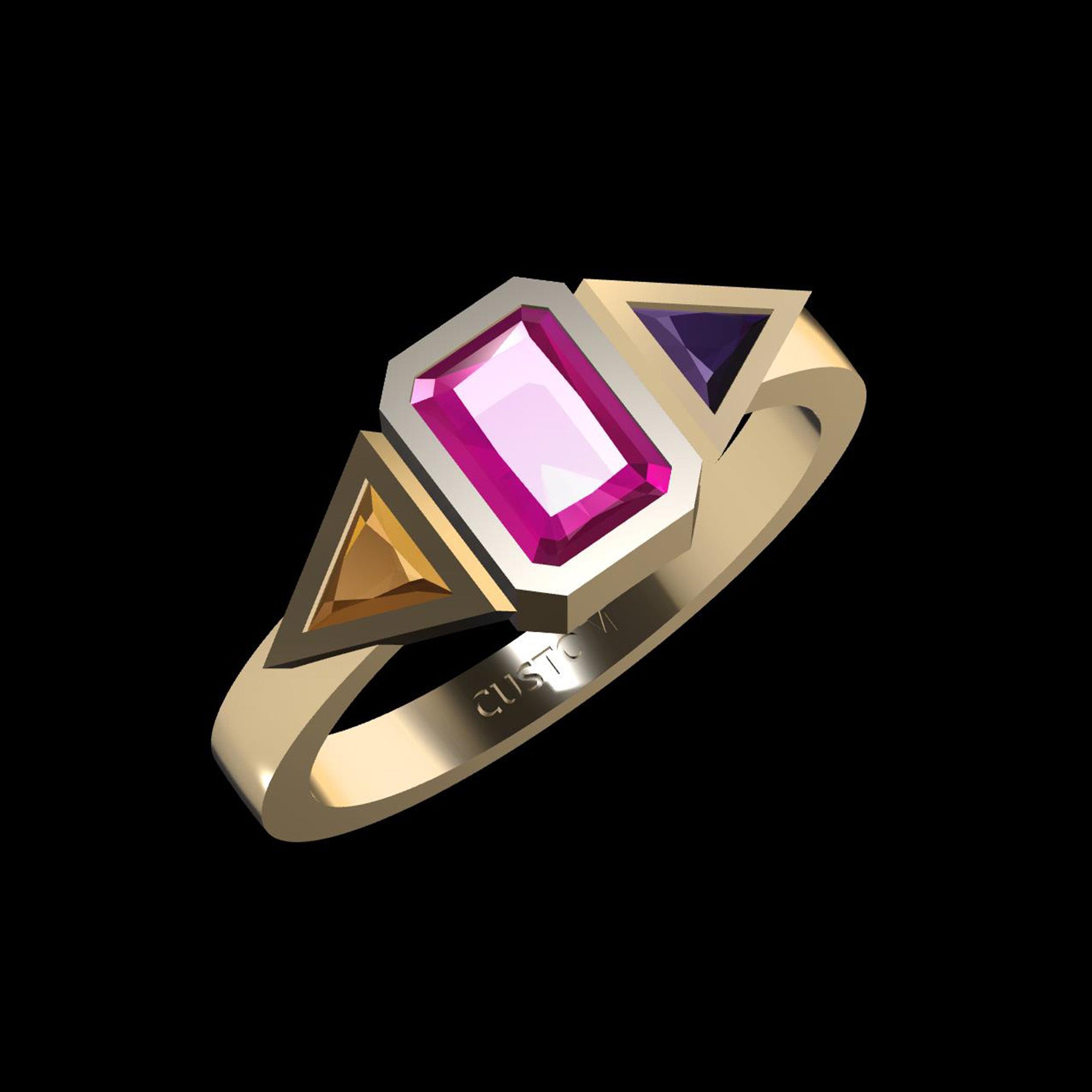 Custom Colored Zirconia Trinity Ring Sterling Silver 925 Radiant Triangle Cut