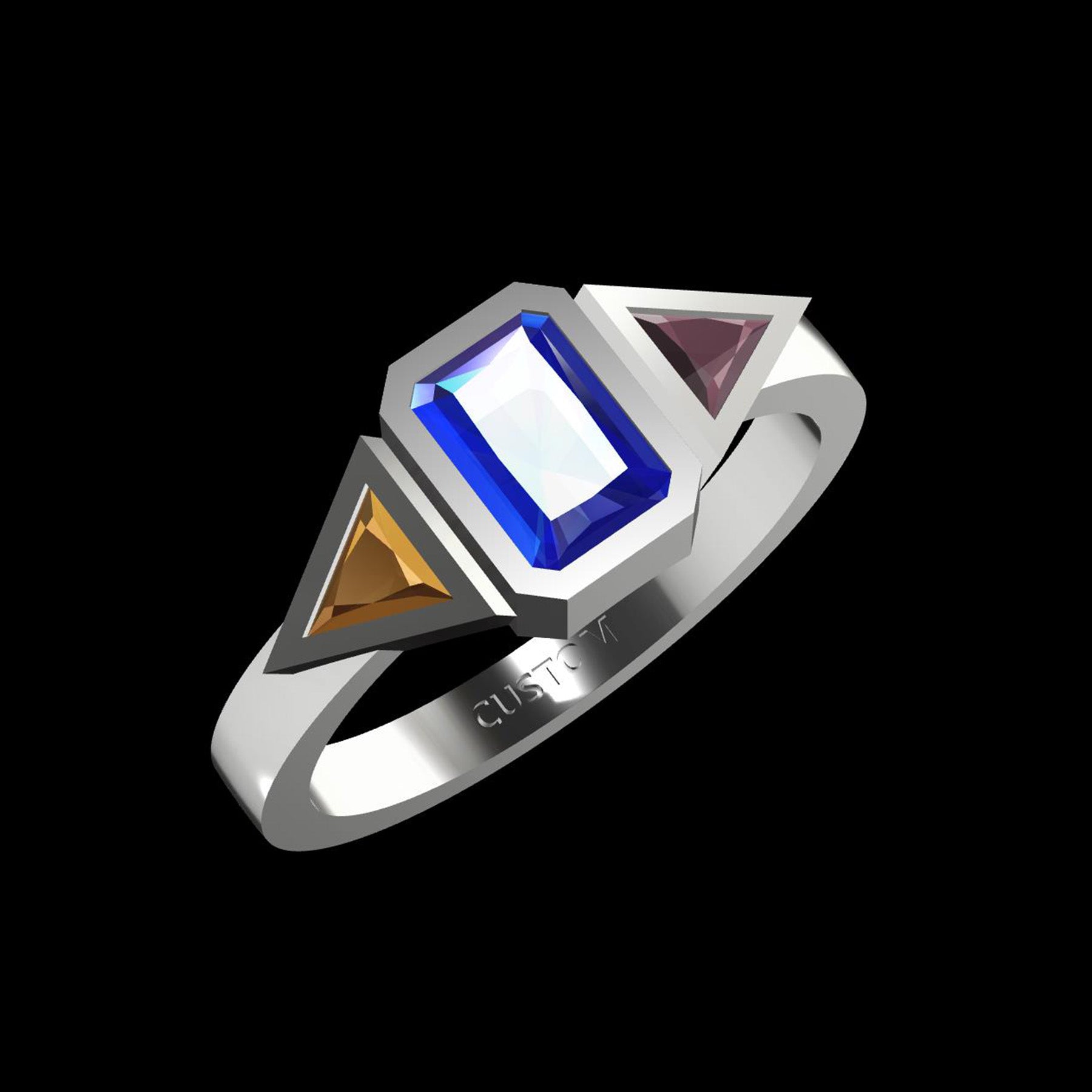 Custom Colored Zirconia Trinity Ring Sterling Silver 925 Radiant Triangle Cut