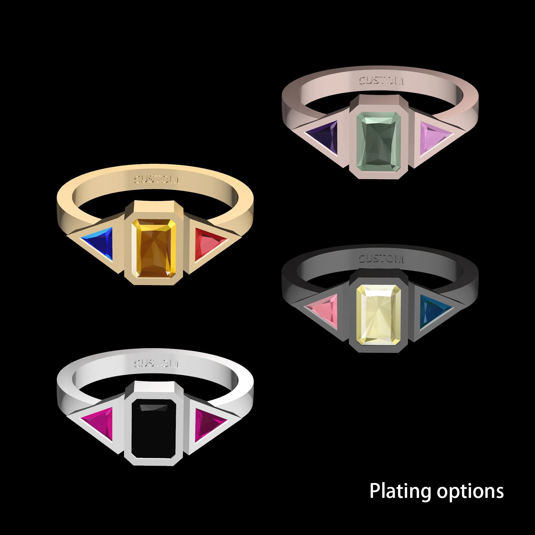 Custom Colored Zirconia Trinity Ring Sterling Silver 925 Radiant Triangle Cut