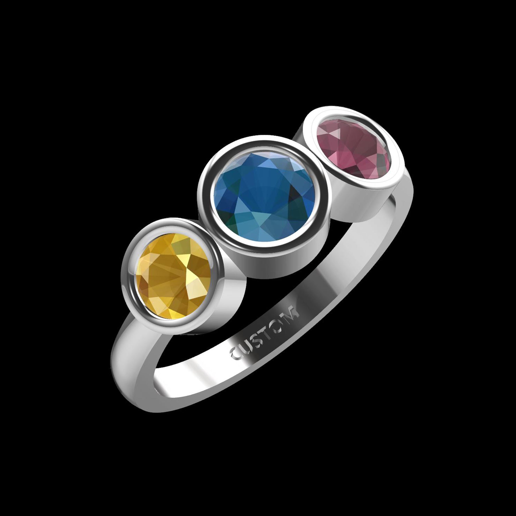 Custom Colored Zirconia Trinity Ring Sterling Silver 925 Round Brilliant Cut