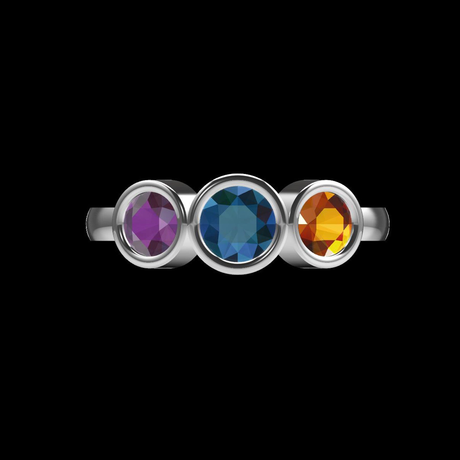 Custom Colored Zirconia Trinity Ring Sterling Silver 925 Round Brilliant Cut