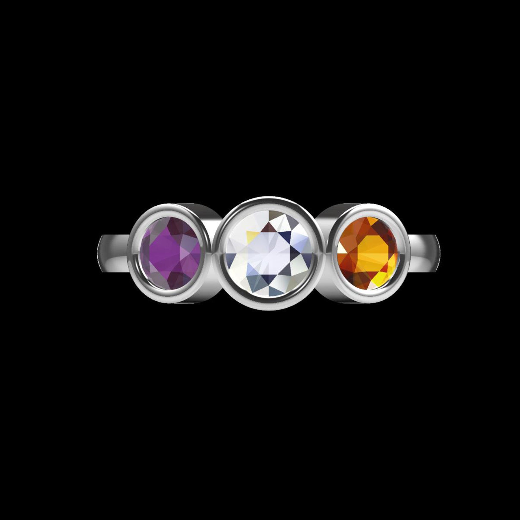 Custom Colored Zirconia Trinity Ring Sterling Silver 925 Round Brilliant Cut