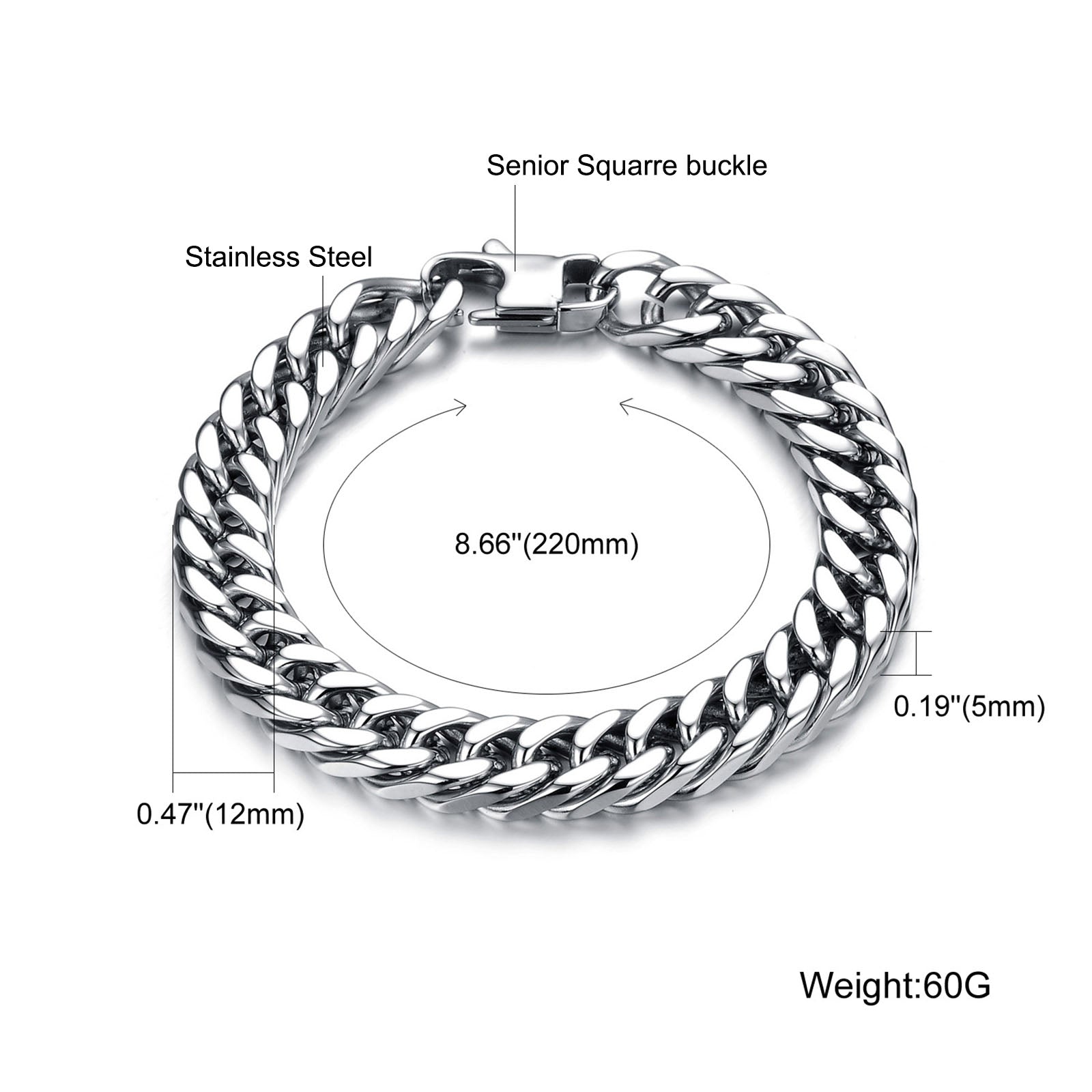 Titanium Stainless Steel Cuban Link Chain Bracelet Silver 6-12mm