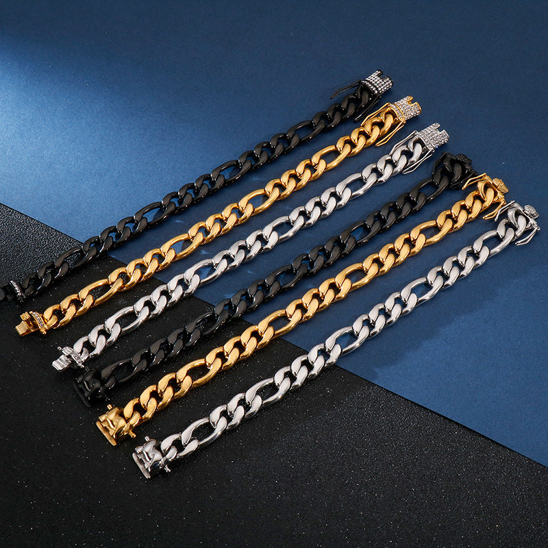 Titanium Stainless Steel Figaro Chain Bracelet Iced Box Clasp 12mm