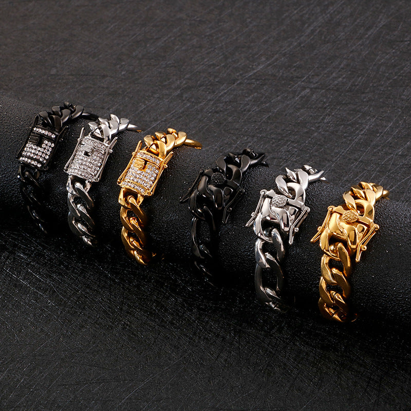 Titanium Stainless Steel Figaro Chain Bracelet Iced Box Clasp 12mm