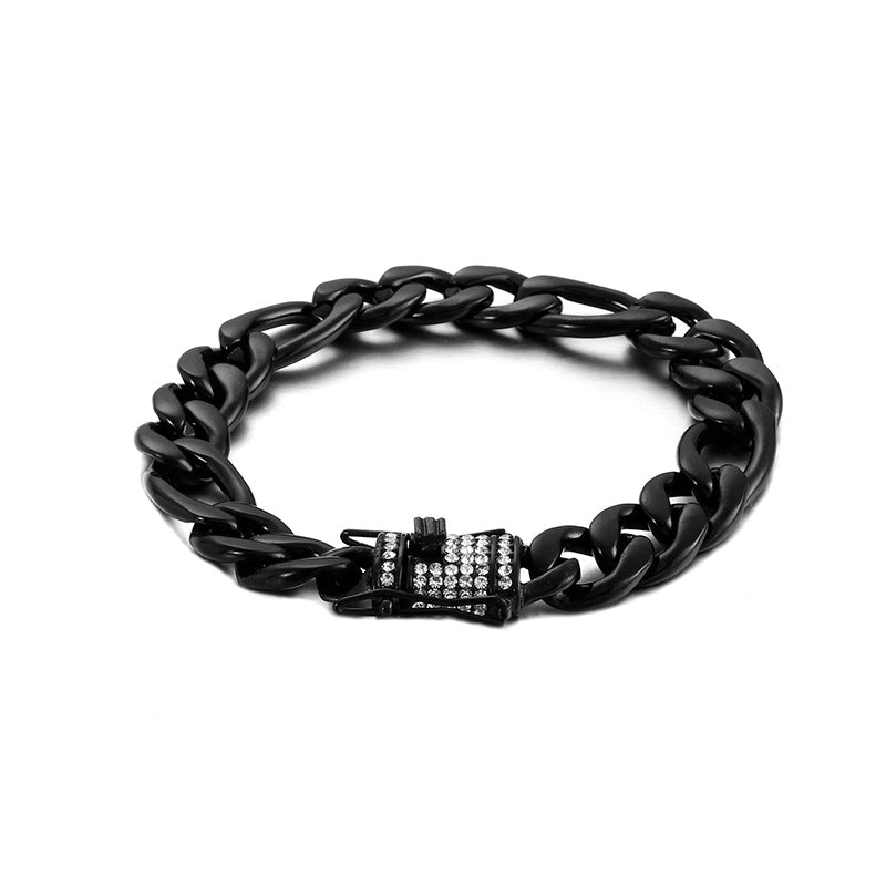 Titanium Stainless Steel Figaro Chain Bracelet Iced Box Clasp 12mm