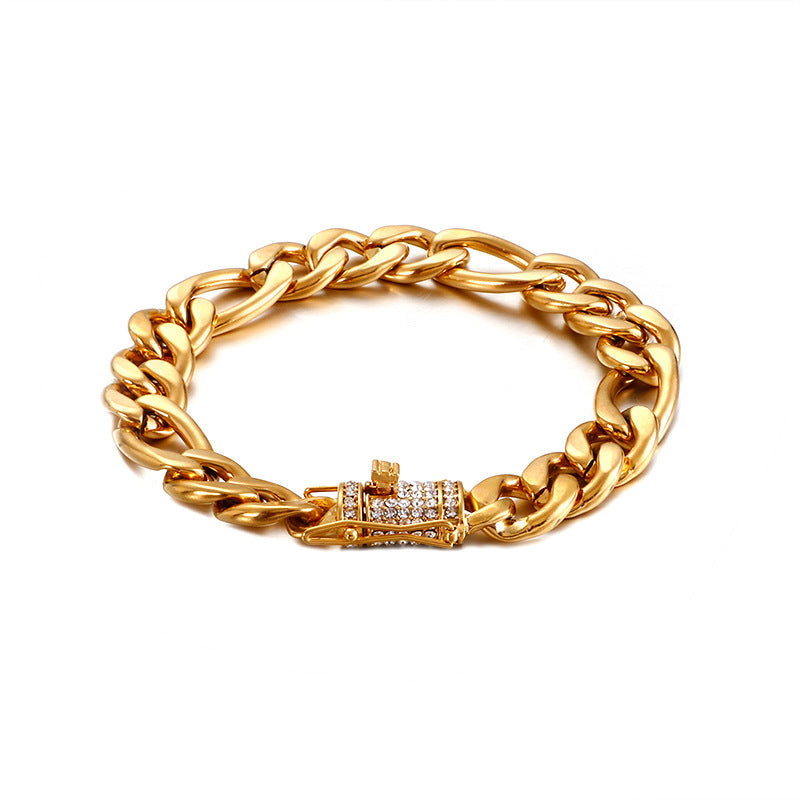 Titanium Stainless Steel Figaro Chain Bracelet Iced Box Clasp 12mm