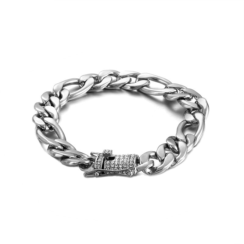 Titanium Stainless Steel Figaro Chain Bracelet Iced Box Clasp 12mm