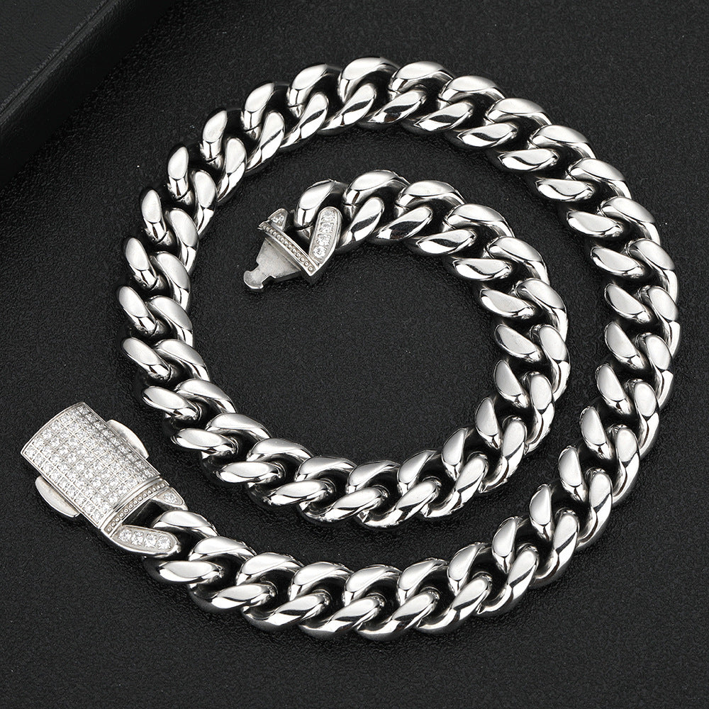 Titanium Stainless Steel Miami Cuban Link Chain Necklace 12mm Iced Box Clasp