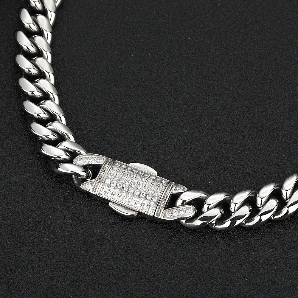 Titanium Stainless Steel Miami Cuban Link Chain Necklace 12mm Iced Box Clasp