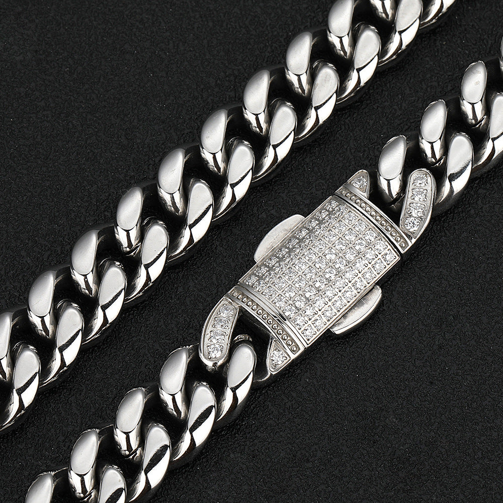 Titanium Stainless Steel Miami Cuban Link Chain Necklace 12mm Iced Box Clasp